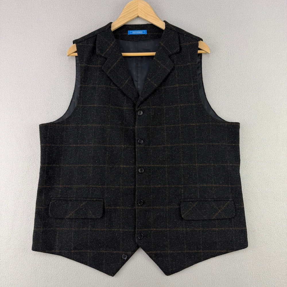 Mens Suit Vest Large Charcoal Plaid Wool Blend Waistcoat Formal Wedding Heritage